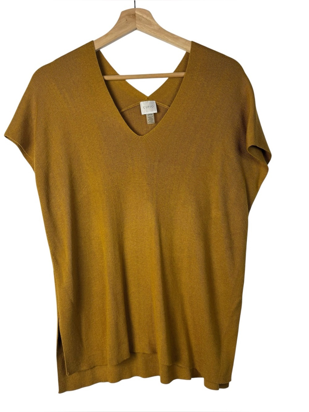 Cupio Mustard Yellow V-Neck Knit Short Sleeve Blouse S